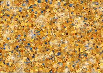A dense, abstract pattern of small, circular shapes in shades of gold, yellow, orange, blue, and white , resembling a mosaic of tiny flowers or sunbursts against a textured golden background