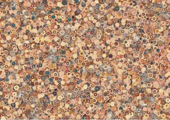 A detailed abstract painting with a mosaic of colorful, circular patterns in earthy tones , creating a textured and intricate surface