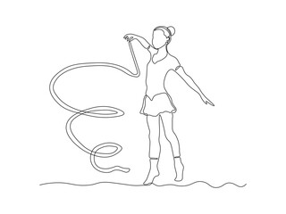 A girl does exercises, gymnastics, Pilates, aerobics with gymnastic ribbon. continuous single one line art hand drawing sketch logo
