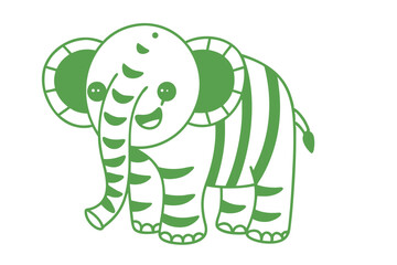 Smiling green elephant with striped body stands isolated on a white background
