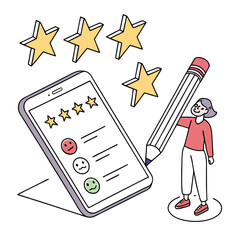 Person giving feedback with stars and phone customer feedback rating