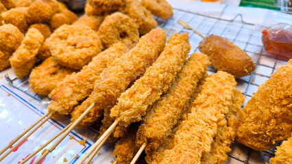 Fried Crab Stick Skewers Thai Street Snack Appetizer Food Background