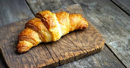Freshly baked croissant resting on a rustic wooden board, highlighting its flaky layers and texture - Powered by Adobe