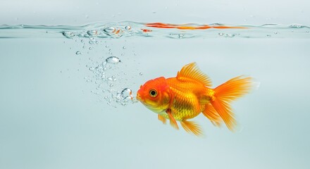 Golden fish playfully surfaces creating shimmering bubbles in soft light. AI Generated
