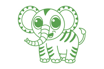 Smiling cartoon elephant with green stripes and big eyes joyfully raises its trunk