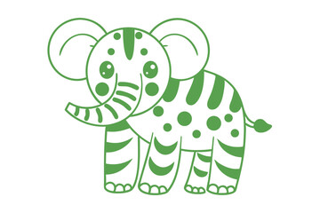 Green patterned cartoon elephant stands playfully with adorable eyes and cute demeanor on white