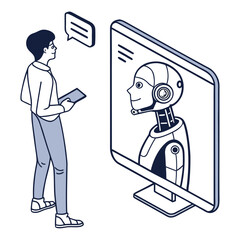 Human interacting with robot on screen artificial intelligence communication