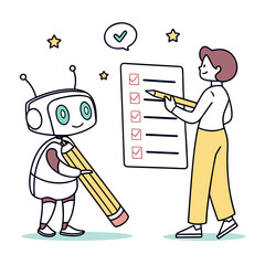 Robot and person with checklist and pencil completed