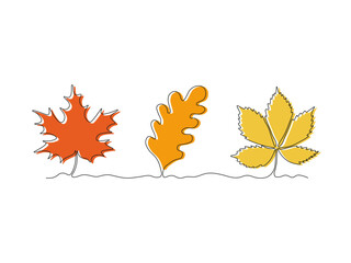 Abstract set of three different leaves of tree. maple, oak, chestnut or grape. continuous single line art drawing sketch, logo