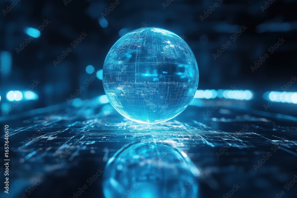 Poster futuristic blue globe with digital texture and reflection on a circuit board surface