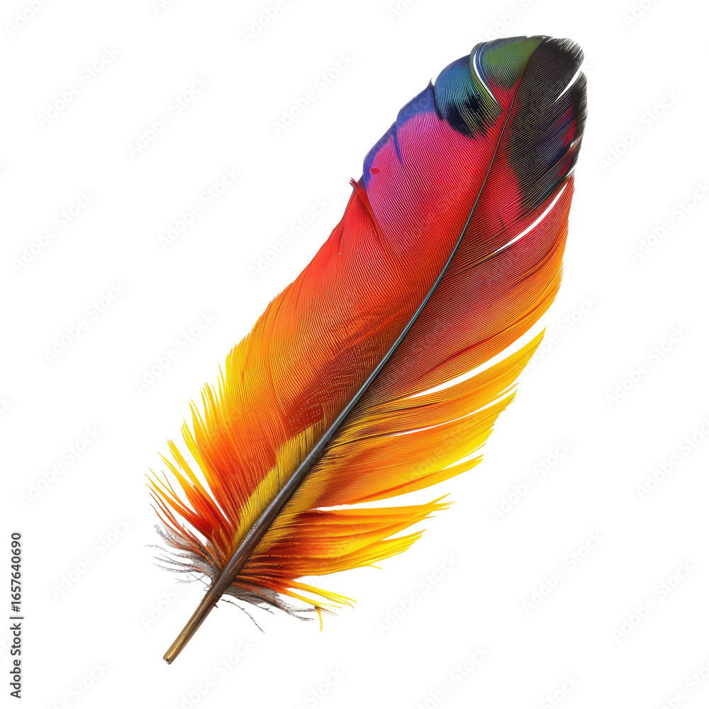 Fototapete and keyword list based on the image you provided.. Single Feather Floating Colorful Object on Dark Background.