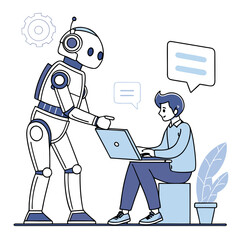 Robot assisting person with laptop communication human technology