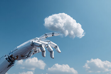 Futuristic robot hand gently touching a fluffy cloud against a clear blue sky.