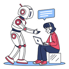 White robot with pink accents assists person using laptop human interaction