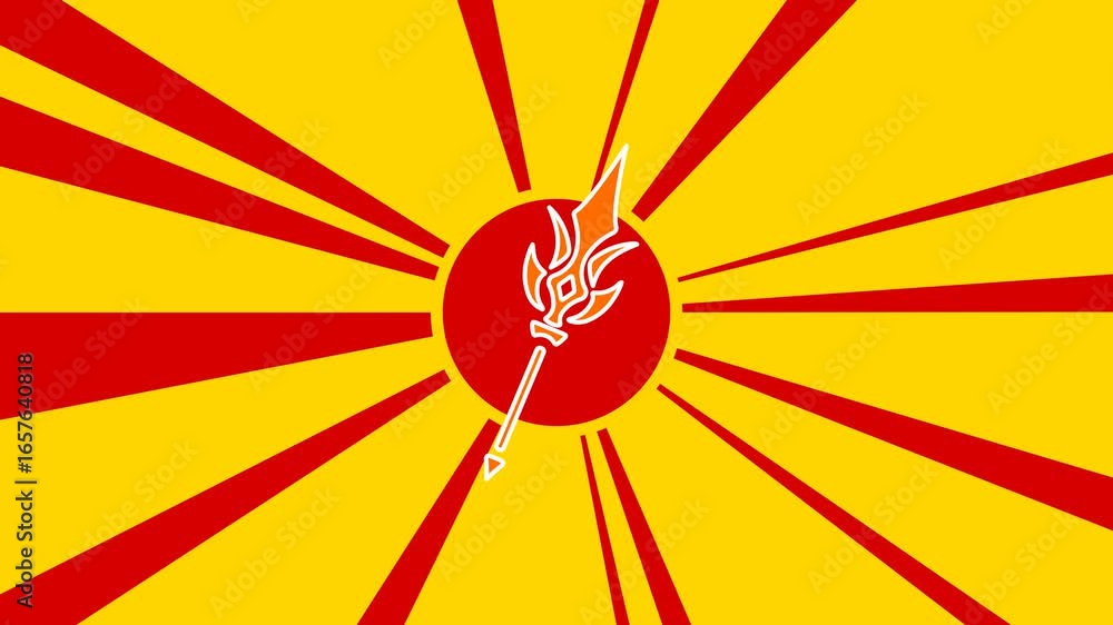 Aufkleber mystical spear symbol on the background of animation from moving rays of the sun. large orange symbo