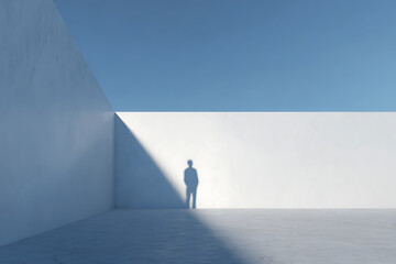 Solitary figure standing in a vast, minimalist architectural space with stark light and shadow