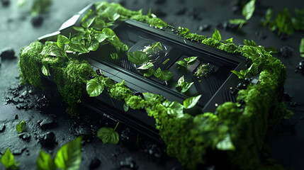 Future tech embraces nature's growth with lush green moss and vibrant leaves.
