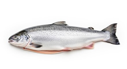 A whole raw salmon fish on a white background
