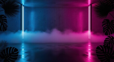 Vibrant Neon Room with Tropical Leaves and Fog