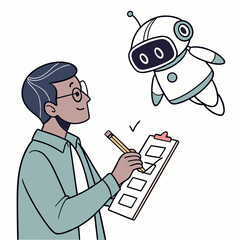 Man with glasses checks checklist near floating robot pencil