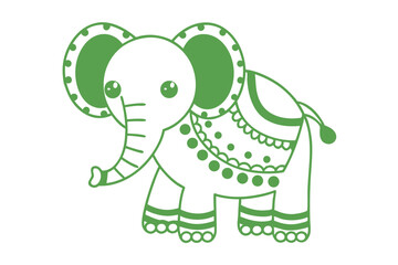 Green line cartoon elephant adorned with circles and scalloped patterns stands against a white backdrop