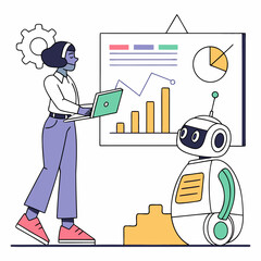 Woman with laptop and robot near data charts artificial intelligence