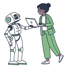 Woman in green suit with robot holding laptop technology business