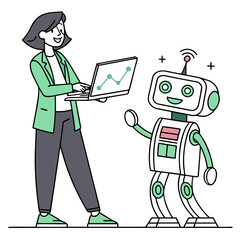 Woman in green blazer with laptop and friendly robot technology
