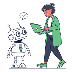 Woman with laptop interacting with robot cartoon technology