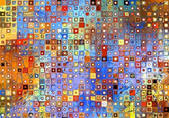 A mosaic of colorful squares in shades of red , with abstract patterns and textures , set against a vibrant, swirling red background