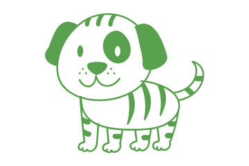 Green outline of a spotted and striped cartoon dog happily stands alone today