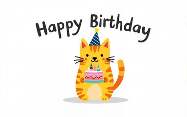 Modern illustrated birthday card with a cute cat in a party hat holding a cake, bright and cheerful color palette, clean white background, playful lettering "Happy Birthday". High quality