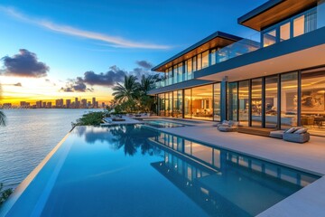 Fototapeta premium Luxurious Waterfront Residence with Infinity Pool and Stunning City Skyline View at Sunset