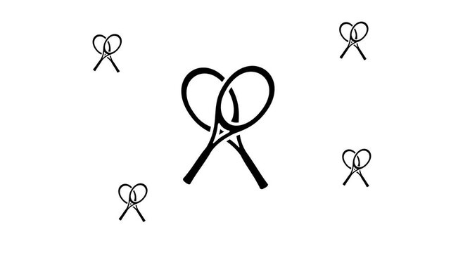 Zoom in and out animation the crossed tennis rackets symbol. Large black symbol in the center and four small symbols around. Seamless looped 4k animation on white background