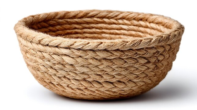 A woven jute basket sitting on a white surface.