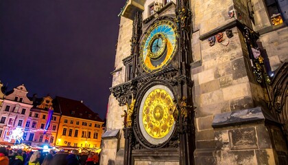 Obraz premium A detailed view of the astronomical clock at night, featuring intricate clock faces and decorative elements against a backdrop of historic buildings.