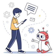 Young man interacting with friendly robot mobile phone communication