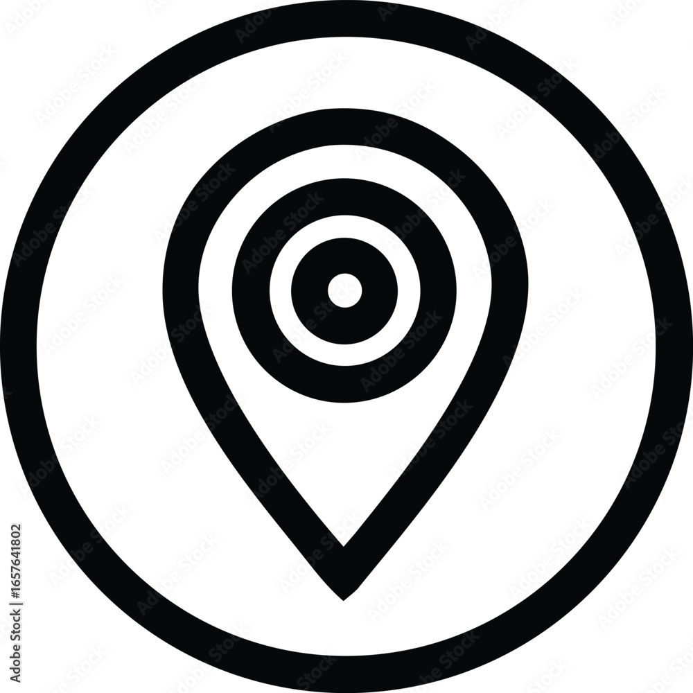 Poster stylized black and white circular location pin icon representing a map marker and navigation