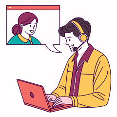 Man with headset chats with woman on video call laptop