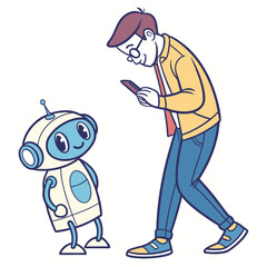 Man with robot using smartphone technology communication