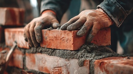 Hands Laying Red Brick on Wall Construction Site
