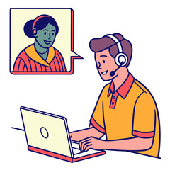 Man with headset working on laptop chatting with woman communication