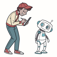 Person writing on tablet near robot technology