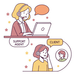 Cartoon women talking on headsets with laptop and client call illustration online communication