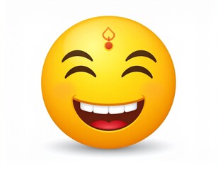 Fototapeta premium Joyful yellow emoticon with a wide grin and a traditional Indian bindi on its forehead. A happy 3D character illustration for expressing laughter and cultural celebration