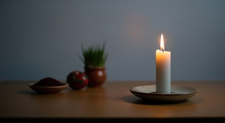 Lit Candle on Plain Table