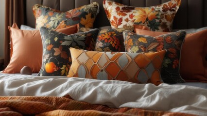 Cozy Autumnal Bed with a Lavish Array of Leaf, Pumpkin, and Geometric Pillows