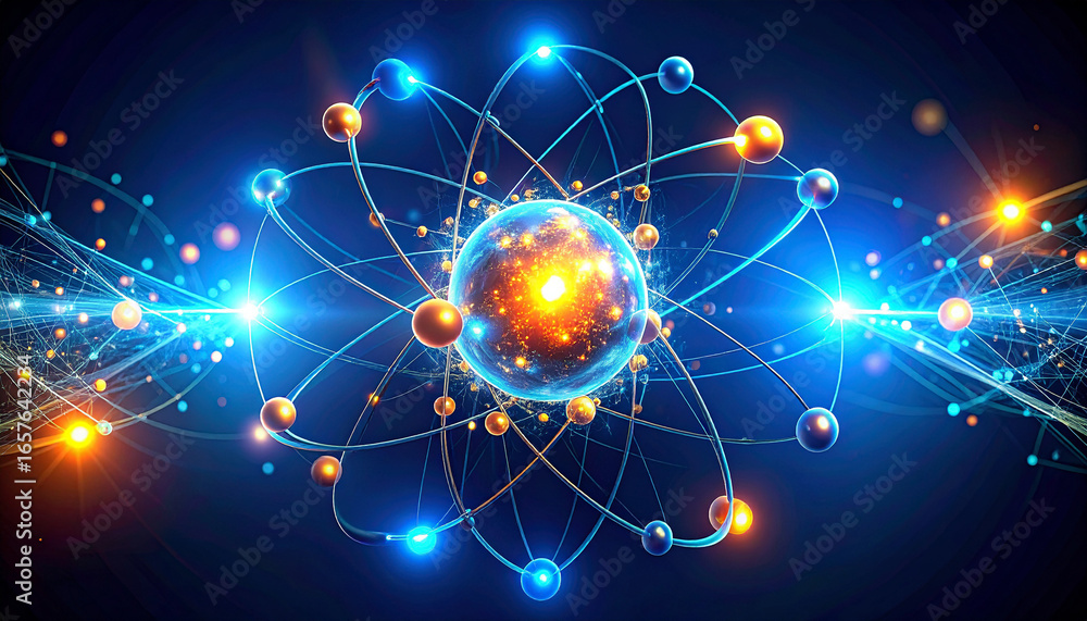 Poster artistic representation of an atom's structure, showcasing electrons orbiting the nucleus with energ