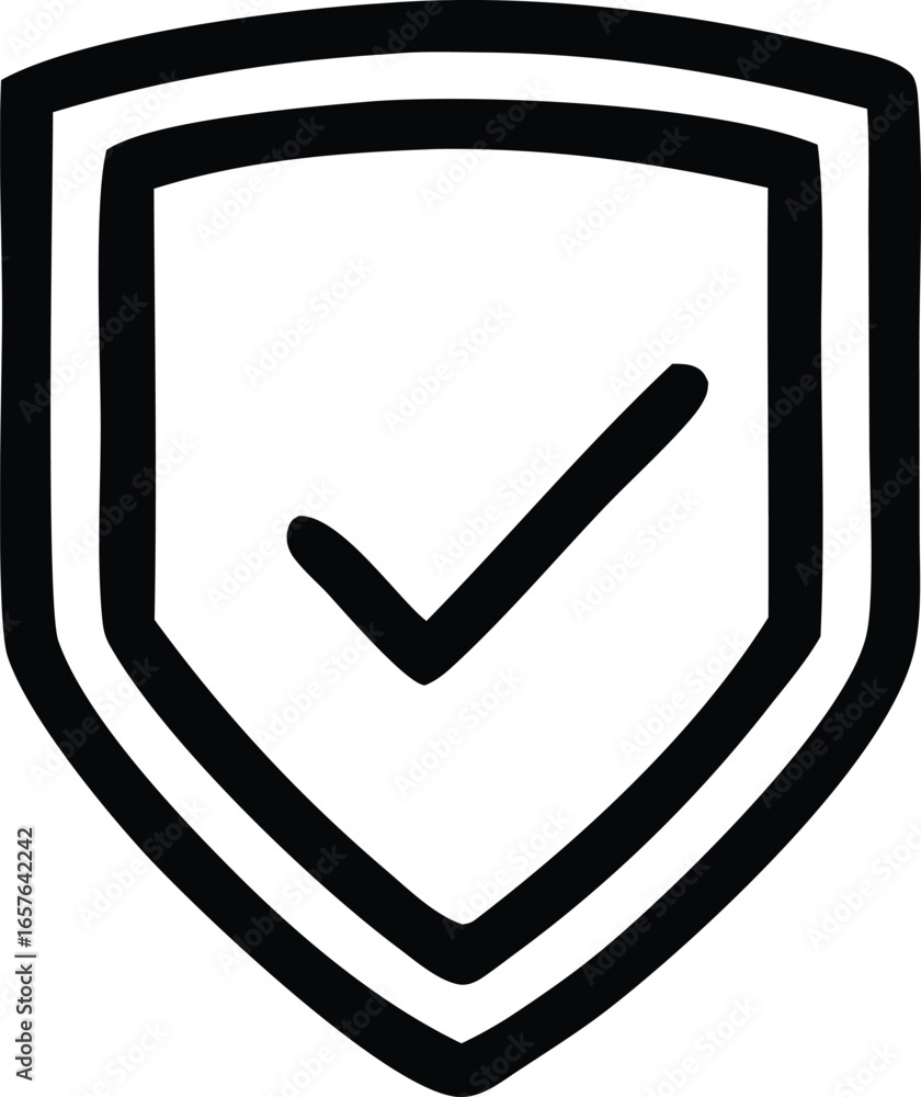 Poster hand drawn shield icon with a bold checkmark inside representing security protection and verified st