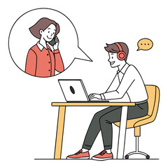 Man with headphones talks to woman on phone laptop